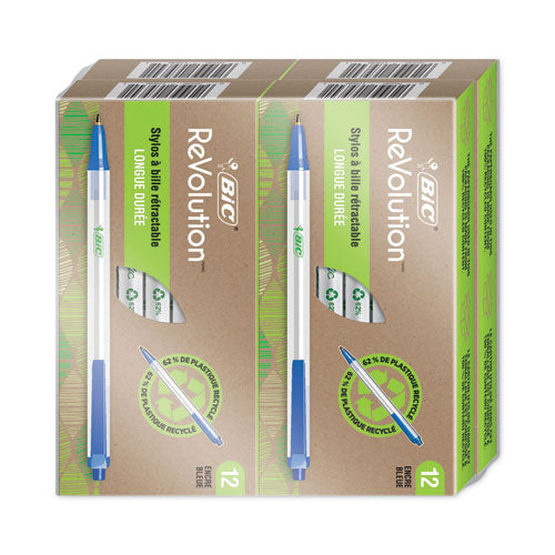 Image of BIC® ReVolution Clic Stic Ballpoint Pen, Retractable, Medium 1 mm, Blue Ink, Translucent Frost/Blue Barrel, 48/Pack