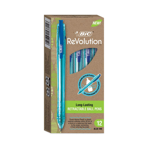 Image of BIC® ReVolution Ocean Bound Ballpoint Pen, Retractable, Medium 1 mm, Blue Ink, Translucent Blue Barrel, Dozen