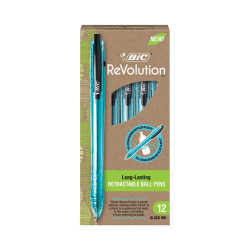 Image of BIC® ReVolution Ocean Bound Ballpoint Pen, Retractable, Medium 1 mm, Black Ink, Translucent Blue Barrel, Dozen