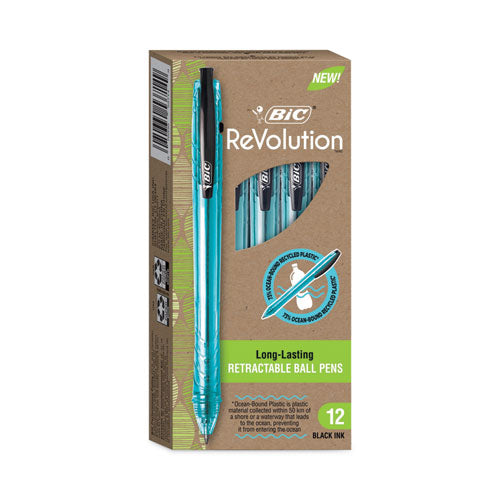 Image of BIC® ReVolution Ocean Bound Ballpoint Pen, Retractable, Medium 1 mm, Black Ink, Translucent Blue Barrel, Dozen