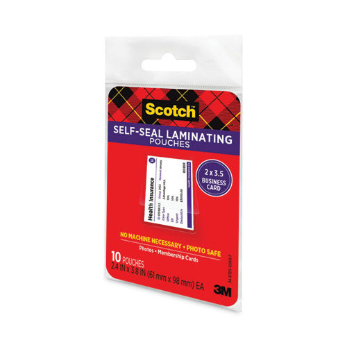 Image of Scotch Self-Sealing Laminating Pouches, 9.5 Mil, 3.88" X 2.44", Gloss Clear, 25/pack