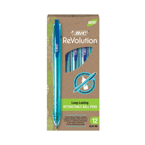 Image of BIC® ReVolution Ocean Bound Ballpoint Pen, Retractable, Medium 1 mm, Blue Ink, Translucent Blue Barrel, Dozen