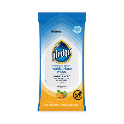 Image of Pledge® Multi-Surface Cleaner Wet Wipes, Cloth, 7 x 10, Fresh Citrus, White, 25/Pack, 12 Packs/Carton