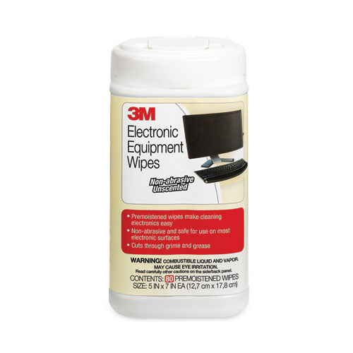 Image of 3M Electronic Equipment Cleaning Wipes, 1-Ply, 5.5 x 6.75, Unscented, White, 80/Canister