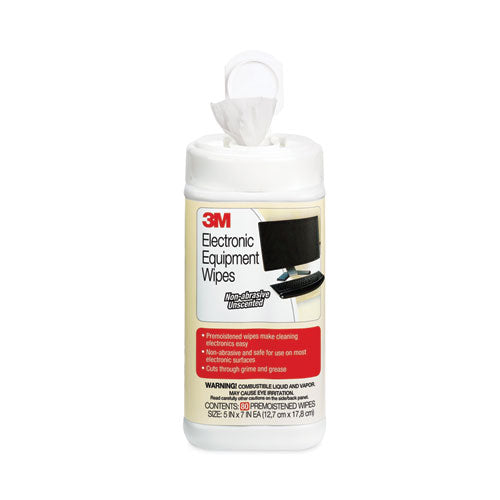 Image of 3M Electronic Equipment Cleaning Wipes, 1-Ply, 5.5 x 6.75, Unscented, White, 80/Canister