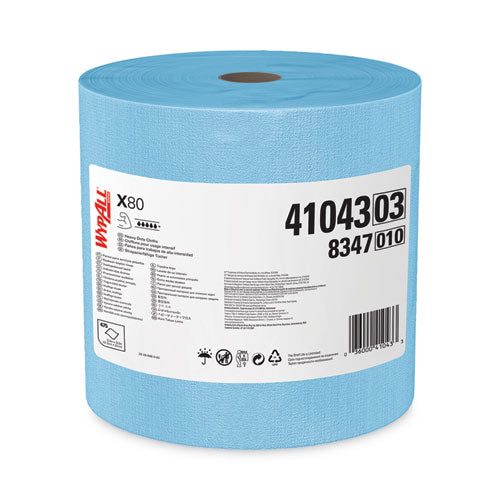 Image of WypAll® Power Clean X80 Heavy Duty Cloths, Jumbo Roll, 12.4 x 12.2, Blue, 475/Roll