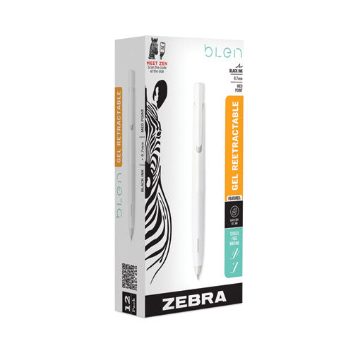 Image of Zebra® bLen Gel Pen, Retractable, Fine 0.7 mm, Black Ink, White Barrel, Dozen