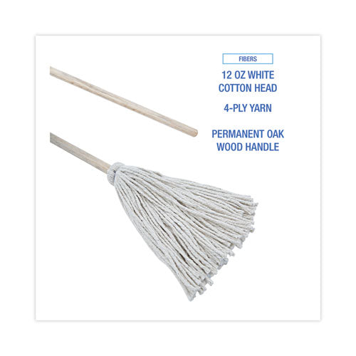 Image of Boardwalk® Handle/Deck Mops, #12 White Cotton Head, 48" Natural Wood Handle, 6/Pack