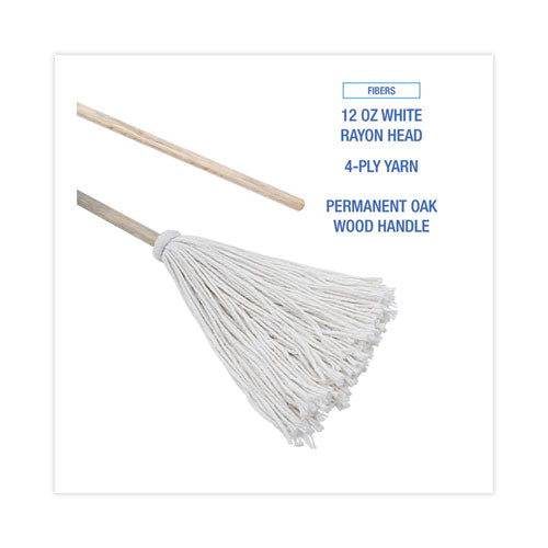 Image of Boardwalk® Handle/Deck Mops, #12 White Rayon Head, 48" Natural Wood Handle, 6/Pack