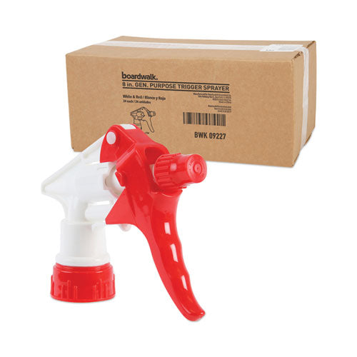 Image of Boardwalk® General Purpose Trigger Sprayer, 8" Tube, Fits 16 oz to 24 oz Bottles, Red/White, 24/Carton