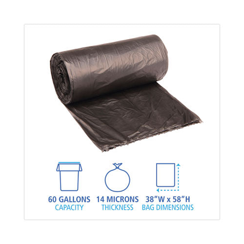 Image of Boardwalk® High-Density Can Liners, 60 gal, 14 mic, 38" x 58", Black, Perforated Roll, 25 Bags/Roll, 8 Rolls/Carton