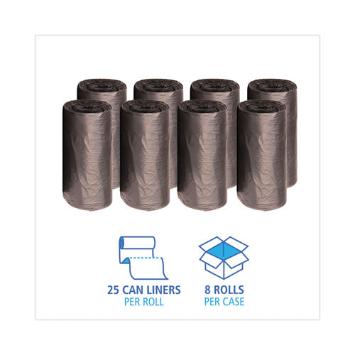 Image of Boardwalk® High-Density Can Liners, 60 gal, 14 mic, 38" x 58", Black, Perforated Roll, 25 Bags/Roll, 8 Rolls/Carton