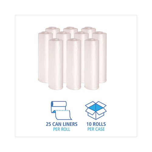 Image of Boardwalk® High-Density Can Liners, 45 gal, 11 mic, 40" x 46", Natural, Perforated Roll, 25 Bags/Roll, 10 Rolls/Carton