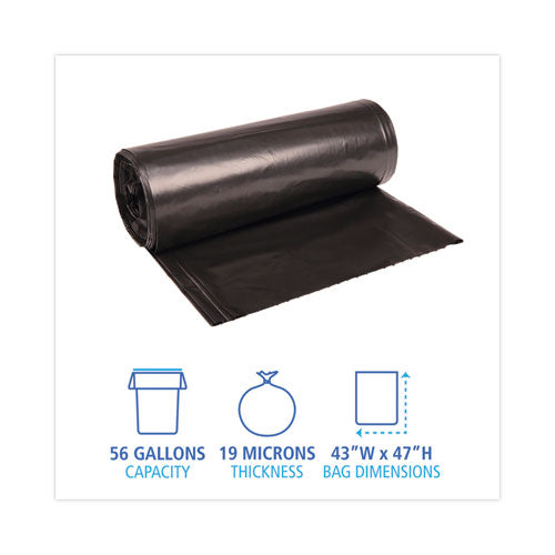 Image of Boardwalk® High-Density Can Liners, 56 gal, 19 mic, 43" x 47", Black, Perforated Roll, 25 Bags/Roll, 6 Rolls/Carton
