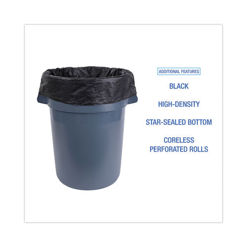 Image of Boardwalk® High-Density Can Liners, 56 gal, 19 mic, 43" x 47", Black, Perforated Roll, 25 Bags/Roll, 6 Rolls/Carton