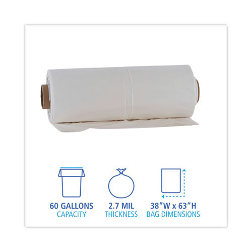 Image of Boardwalk® Industrial Drum Liners Rolls, 60 gal, 2.7 mil, 38" x 63", Clear, 50/Carton