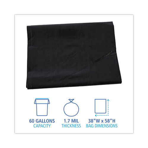 Image of Boardwalk® Linear Low Density Industrial Can Liners, 60 gal, 1.7 mil, 38" x 58", Black, Flat Pack, 100/Carton