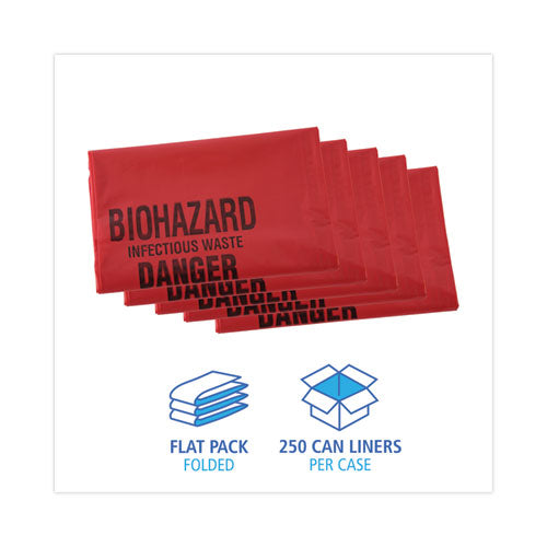 Image of Boardwalk® Linear Low Density Health Care Trash Can Liners, 16 gal, 1.3 mil, 24" x 32", Red, Flat Pack, 250/Carton