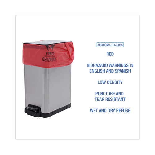 Image of Boardwalk® Linear Low Density Health Care Trash Can Liners, 16 gal, 1.3 mil, 24" x 32", Red, Flat Pack, 250/Carton