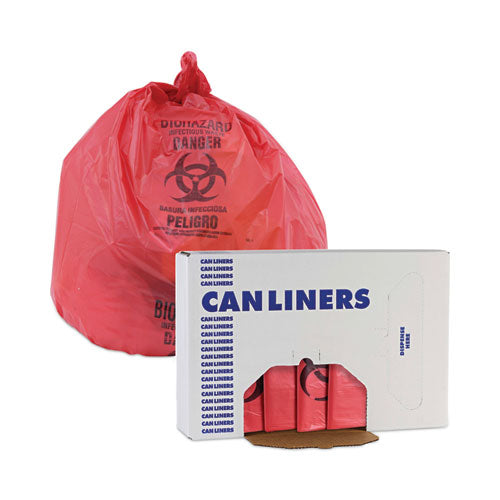 Image of Boardwalk® Linear Low Density Health Care Trash Can Liners, 16 gal, 1.3 mil, 24" x 32", Red, Flat Pack, 250/Carton