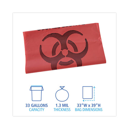 Image of Boardwalk® Linear Low Density Health Care Trash Can Liners, 33 gal, 1.3 mil, 33" x 39", Red, Flat Pack, 150/Carton