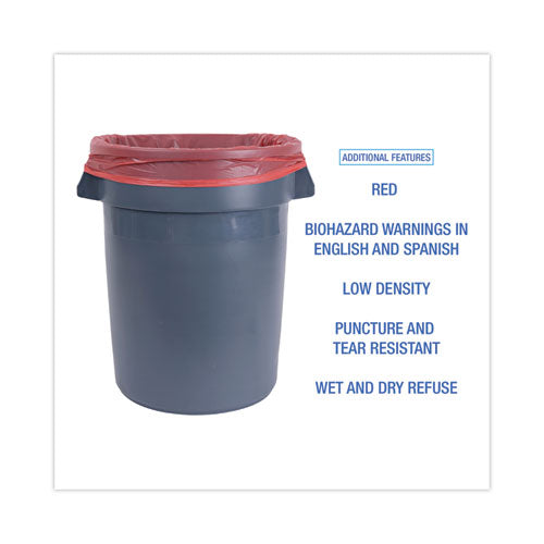 Image of Boardwalk® Linear Low Density Health Care Trash Can Liners, 33 gal, 1.3 mil, 33" x 39", Red, Flat Pack, 150/Carton
