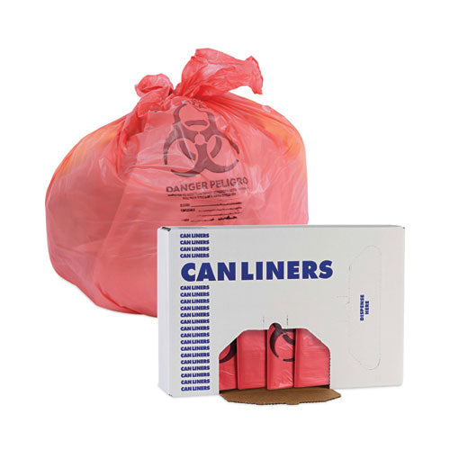 Image of Boardwalk® Linear Low Density Health Care Trash Can Liners, 33 gal, 1.3 mil, 33" x 39", Red, Flat Pack, 150/Carton