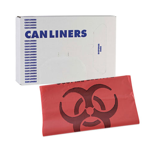 Image of Boardwalk® Linear Low Density Health Care Trash Can Liners, 33 gal, 1.3 mil, 33" x 39", Red, Flat Pack, 150/Carton
