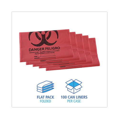 Image of Boardwalk® Linear Low Density Health Care Trash Can Liners, 45 gal, 1.3 mil, 40" x 46", Red, Flat Pack, 100/Carton