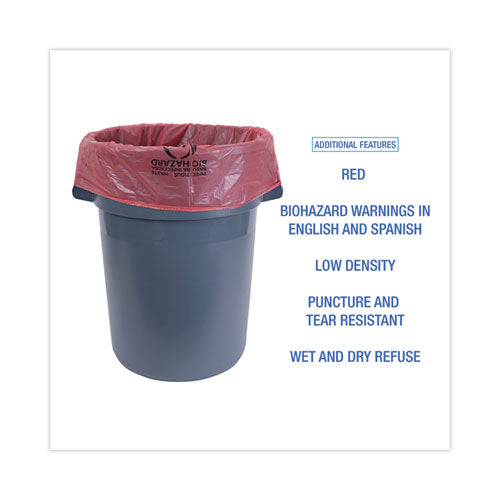 Image of Boardwalk® Linear Low Density Health Care Trash Can Liners, 45 gal, 1.3 mil, 40" x 46", Red, Flat Pack, 100/Carton