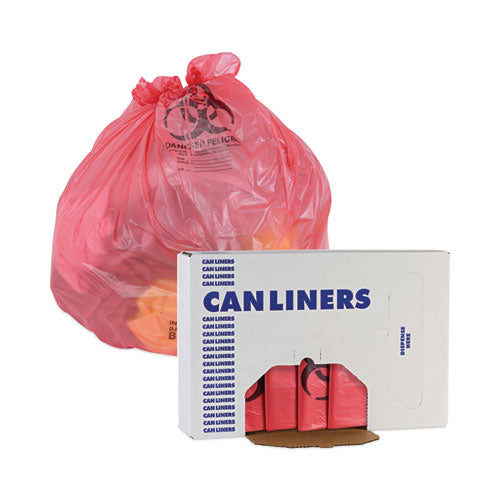 Image of Boardwalk® Linear Low Density Health Care Trash Can Liners, 45 gal, 1.3 mil, 40" x 46", Red, Flat Pack, 100/Carton