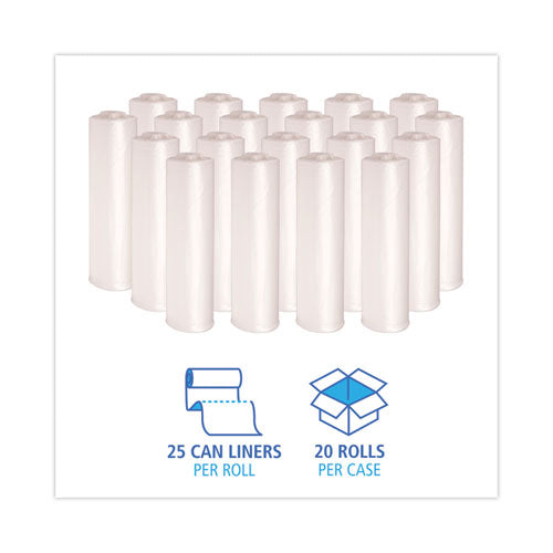 Image of Boardwalk® High Density Industrial Can Liners Coreless Rolls, 30 gal, 16 mic, 30" x 37", Natural, Perforated, 25 Bags/Roll, 20 Rolls/CT