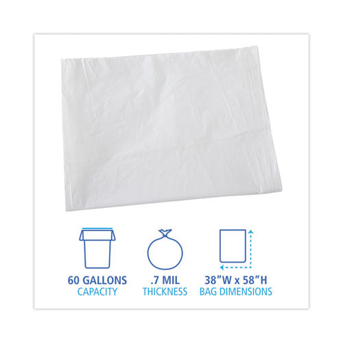 Image of Boardwalk® Linear Low Density Industrial Can Liners, 60 gal, 0.7 mil, 38" x 58", White, Flat Pack, 100/Carton