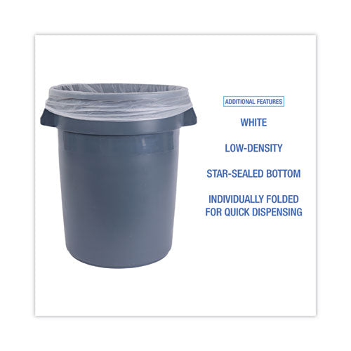 Image of Boardwalk® Linear Low Density Industrial Can Liners, 60 gal, 0.7 mil, 38" x 58", White, Flat Pack, 100/Carton