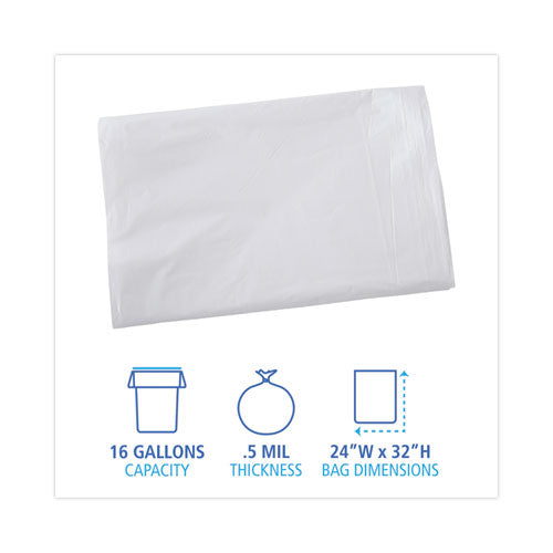 Image of Boardwalk® Linear Low Density Industrial Can Liners, 16 gal, 0.5 mil, 24" x 32", White, Flat Pack, 500/Carton