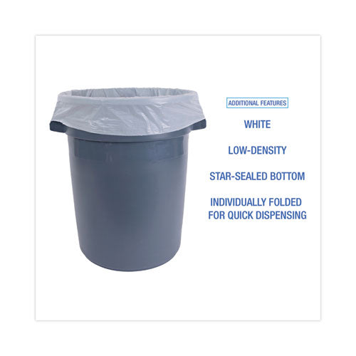 Image of Boardwalk® Linear Low Density Industrial Can Liners, 33 gal, 0.9 mil, 33" x 39", White, Flat Pack, 100/Carton