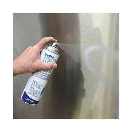 Image of Boardwalk® Stainless Steel Cleaner and Polish, Water-in-Oil Based, Lemon Scent, 18 oz Aerosol Spray, 12/Carton