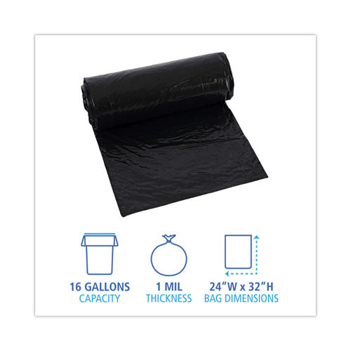 Image of Boardwalk® Low-Density Waste Can Liners, 16 gal, 1 mil, 24" x 32", Black, Perforated Roll, 10 Bags/Roll, 15 Rolls/Carton