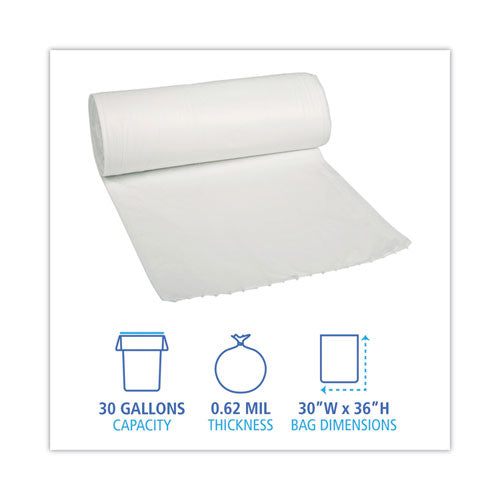 Image of Boardwalk® Low-Density Waste Can Liners, 30 gal, 0.5 mil, 30" x 36", White, Perforated Roll, 10 Bags/Roll, 20 Rolls/Carton
