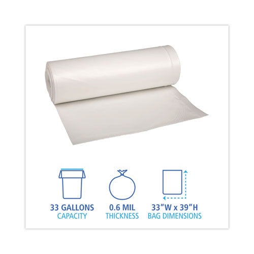 Image of Boardwalk® Low-Density Waste Can Liners, 33 gal, 0.6 mil, 33" x 39", White, Perforated Roll, 25 Bags/Roll, 6 Rolls/Carton