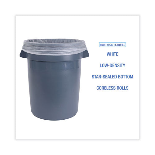 Image of Boardwalk® Low-Density Waste Can Liners, 33 gal, 0.6 mil, 33" x 39", White, Perforated Roll, 25 Bags/Roll, 6 Rolls/Carton