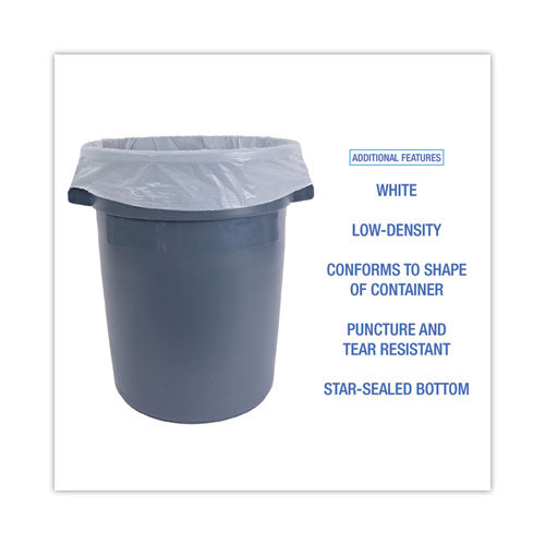 Image of Boardwalk® Low-Density Waste Can Liners, 60 gal, 0.5 mil, 38" x 58", White, Perforated Roll, 10 Bags/Roll, 10 Rolls/Carton