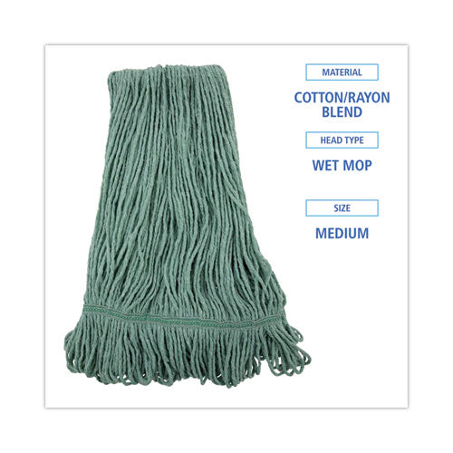 Image of Boardwalk® Narrowband Looped-End Mop Head, Premium Standard Head, Cotton/Rayon Fiber, Medium, Green, 12/Carton