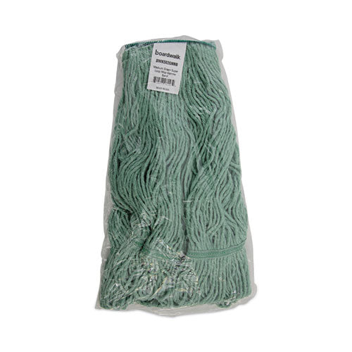 Image of Boardwalk® Narrowband Looped-End Mop Head, Premium Standard Head, Cotton/Rayon Fiber, Medium, Green, 12/Carton