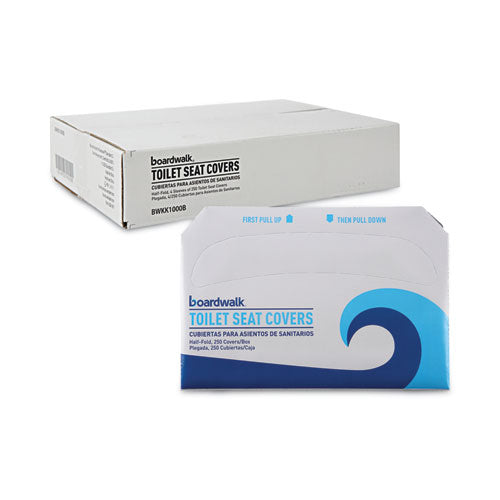 Image of Boardwalk® Premium Half-Fold Toilet Seat Covers, 14.17 x 16.73, White, 250 Covers/Sleeve, 4 Sleeves/Carton