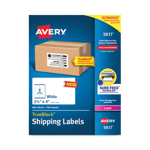 Image of Avery® Shipping Labels with TrueBlock Technology, Laser Printers,  2.5 x 4, White, 8/Sheet, 100 Sheets/Pack