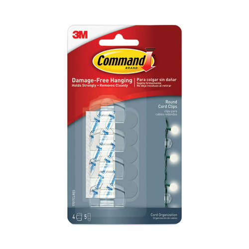 Image of Command Cord Clip, Round, With Adhesive, 0.75"w, Clear, 4/pack