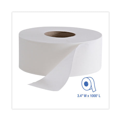 Image of Boardwalk® Jumbo Roll Bathroom Tissue, Septic Safe, 2-Ply, White, 3.4" x 1,000 ft, 12 Rolls/Carton