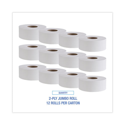 Image of Boardwalk® Jumbo Roll Bathroom Tissue, Septic Safe, 2-Ply, White, 3.4" x 1,000 ft, 12 Rolls/Carton