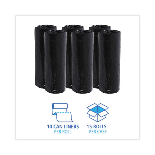 Image of Boardwalk® Low-Density Waste Can Liners, 16 gal, 1 mil, 24" x 32", Black, Perforated Roll, 10 Bags/Roll, 15 Rolls/Carton